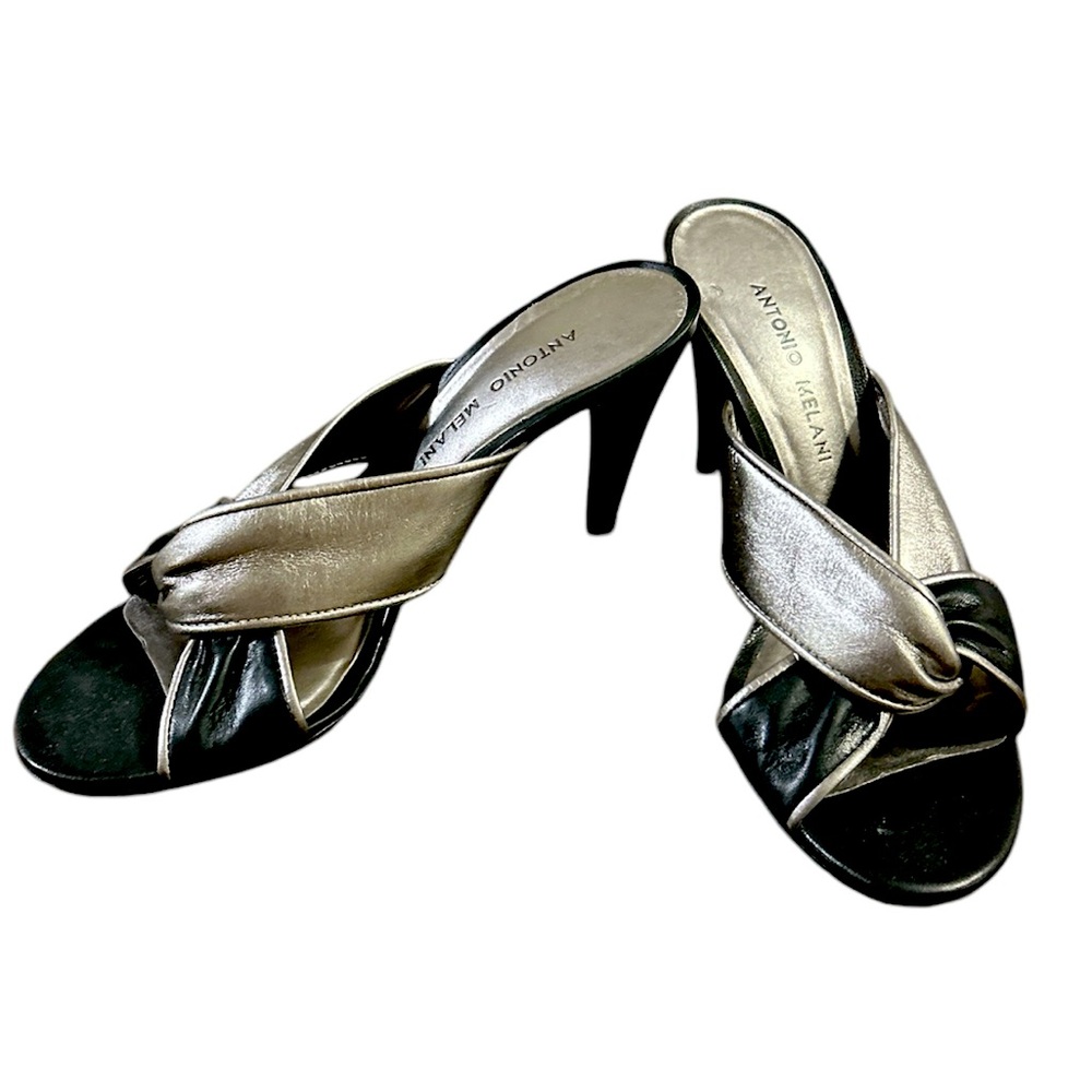 Antonio Melani Silver and Black Knot Leather slip on Heels size 7.5